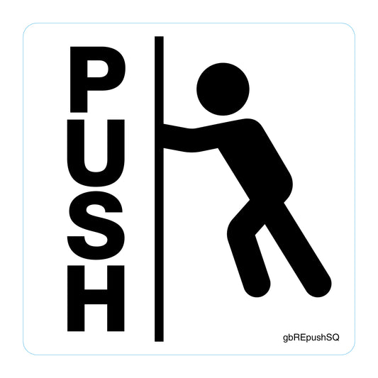 4x4 Push Door Decal with person pushing a door and bold 'PUSH' text, made from durable SharSkin® material.