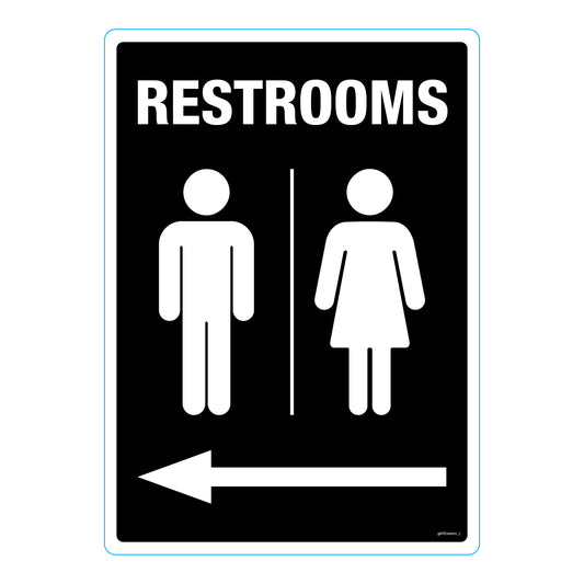 Restroom way-finding decal with a bold left arrow and restroom symbol, made from durable SharkSkin® adhesive vinyl, shown on a smooth wall surface.