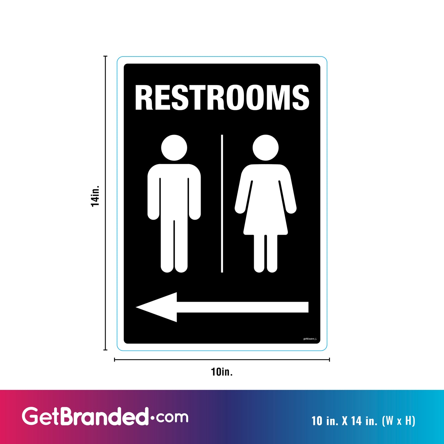 Measurements of restroom way-finding decal with a bold left arrow and restroom symbol, made from durable SharkSkin® adhesive vinyl, shown on a smooth wall surface.