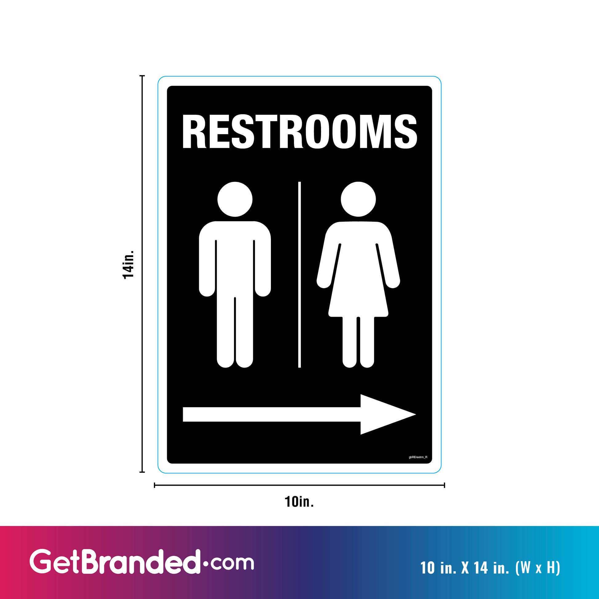 Measurements for restroom way-finding decal with a right arrow, made from durable SharkSkin® adhesive vinyl, designed for clear and long-lasting directional signage.