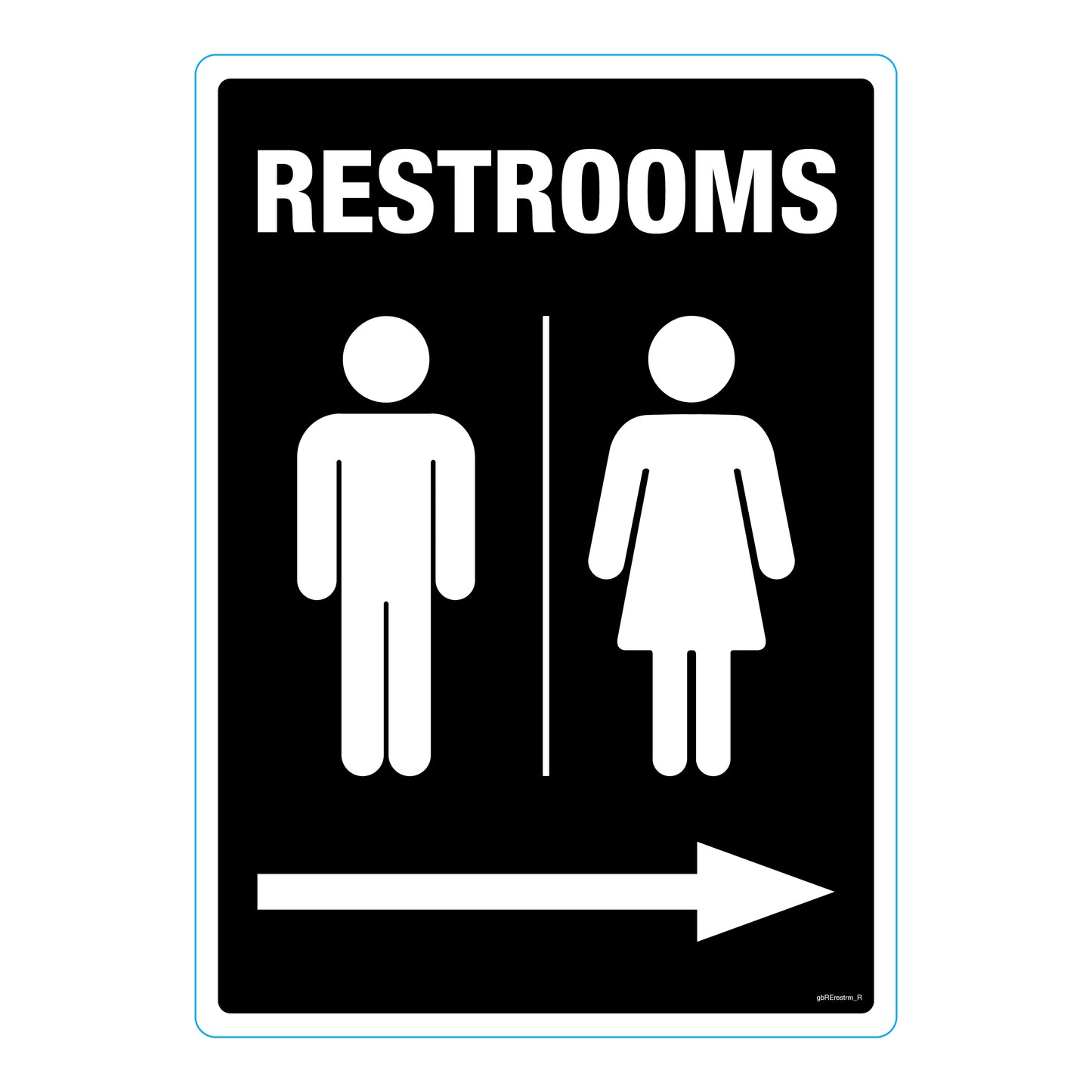 Restroom way-finding decal with a right arrow, made from durable SharkSkin® adhesive vinyl, designed for clear and long-lasting directional signage.