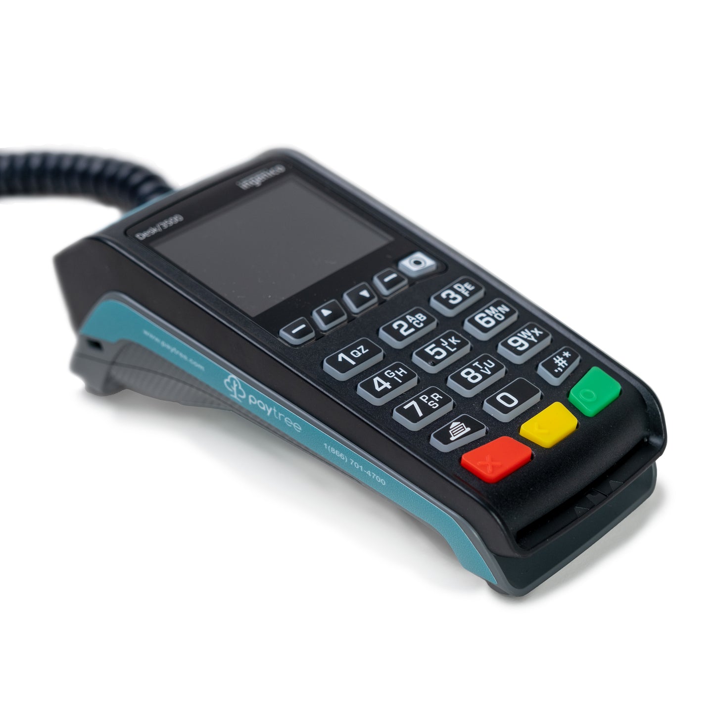 Close-up view of the Ingenico Desk 3500 payment terminal's keypad and screen