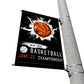 Banner on a street pole advertising a basketball tournament
