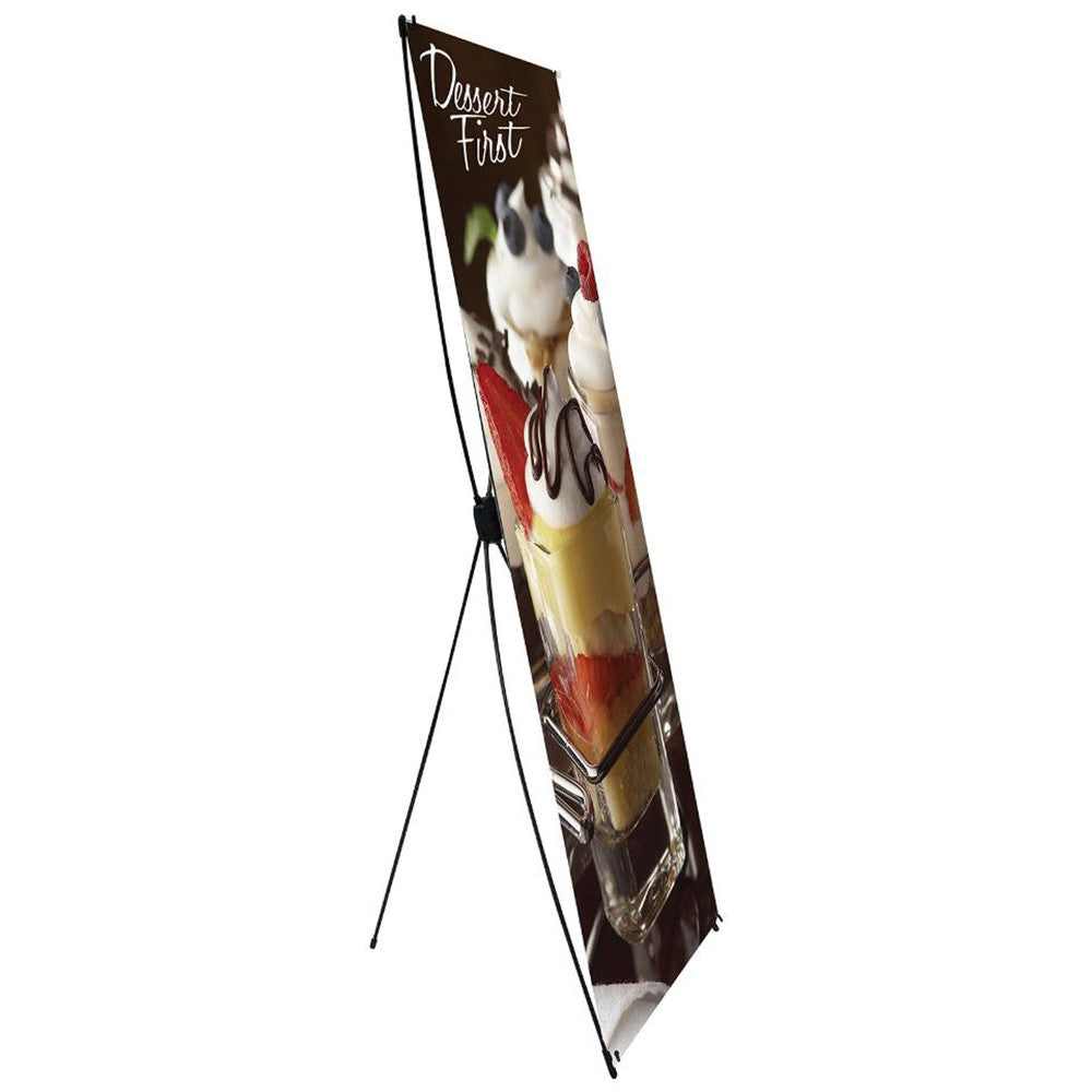 X-Flex Banner - Alternate Angle View - Customizable vinyl banner by GetBranded. Carrying case included. Create a stunning display with your message or branding. Perfect for trade shows and events.