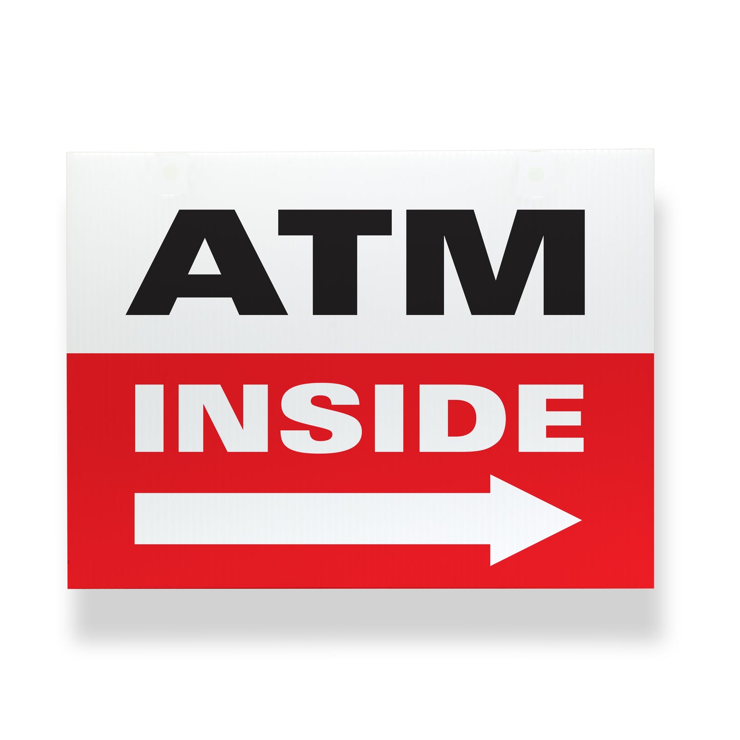 Coroplast sign showing ATM Inside with arrow