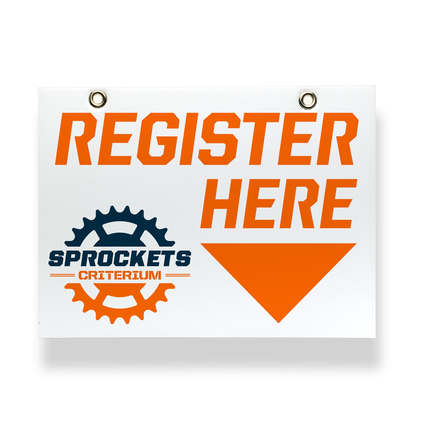 Custom coroplast sign showing bicycle race registration point