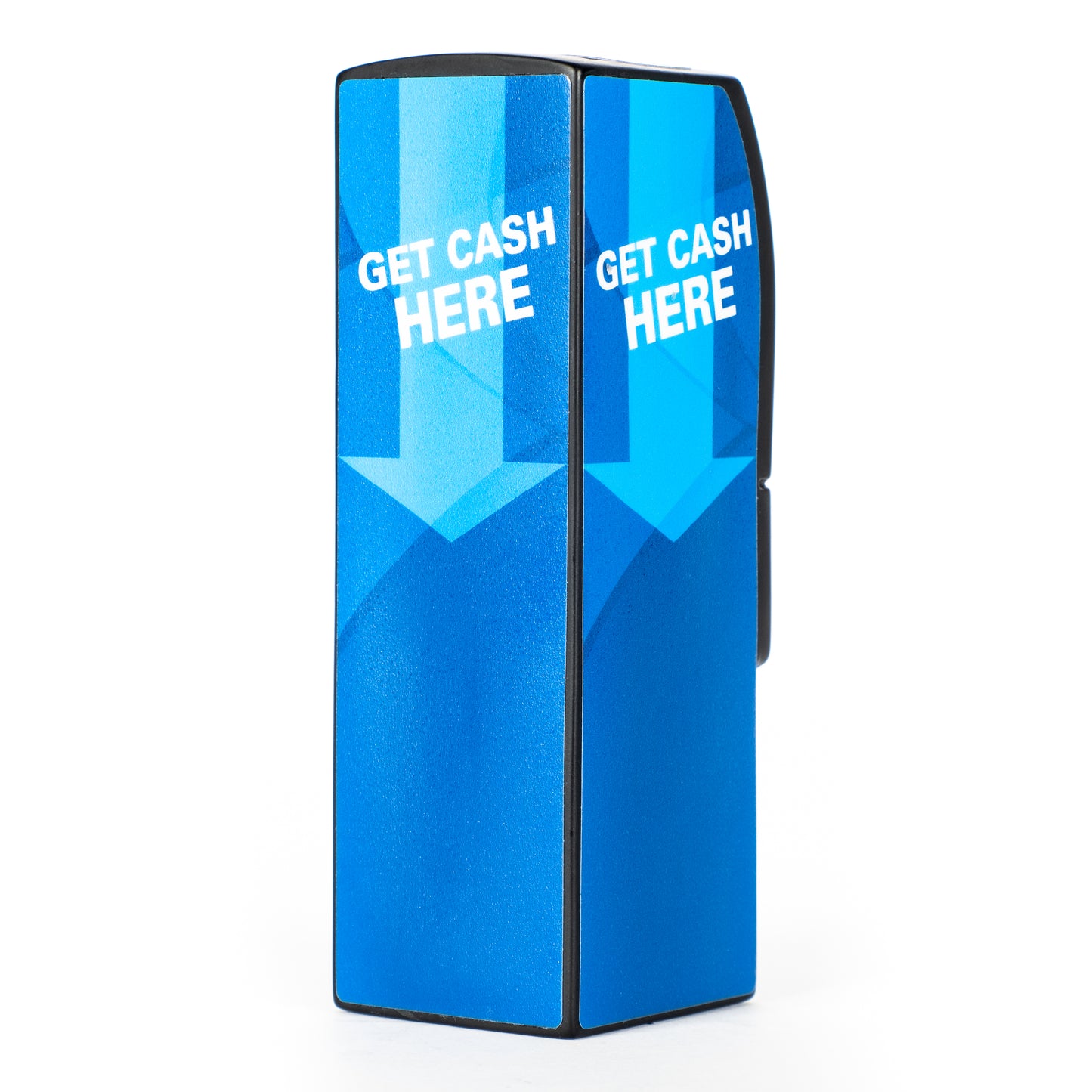 Isometric back view of Genmega 6000 ATM Scale Model Coin Bank with custom "Get Cash Here" wrap.