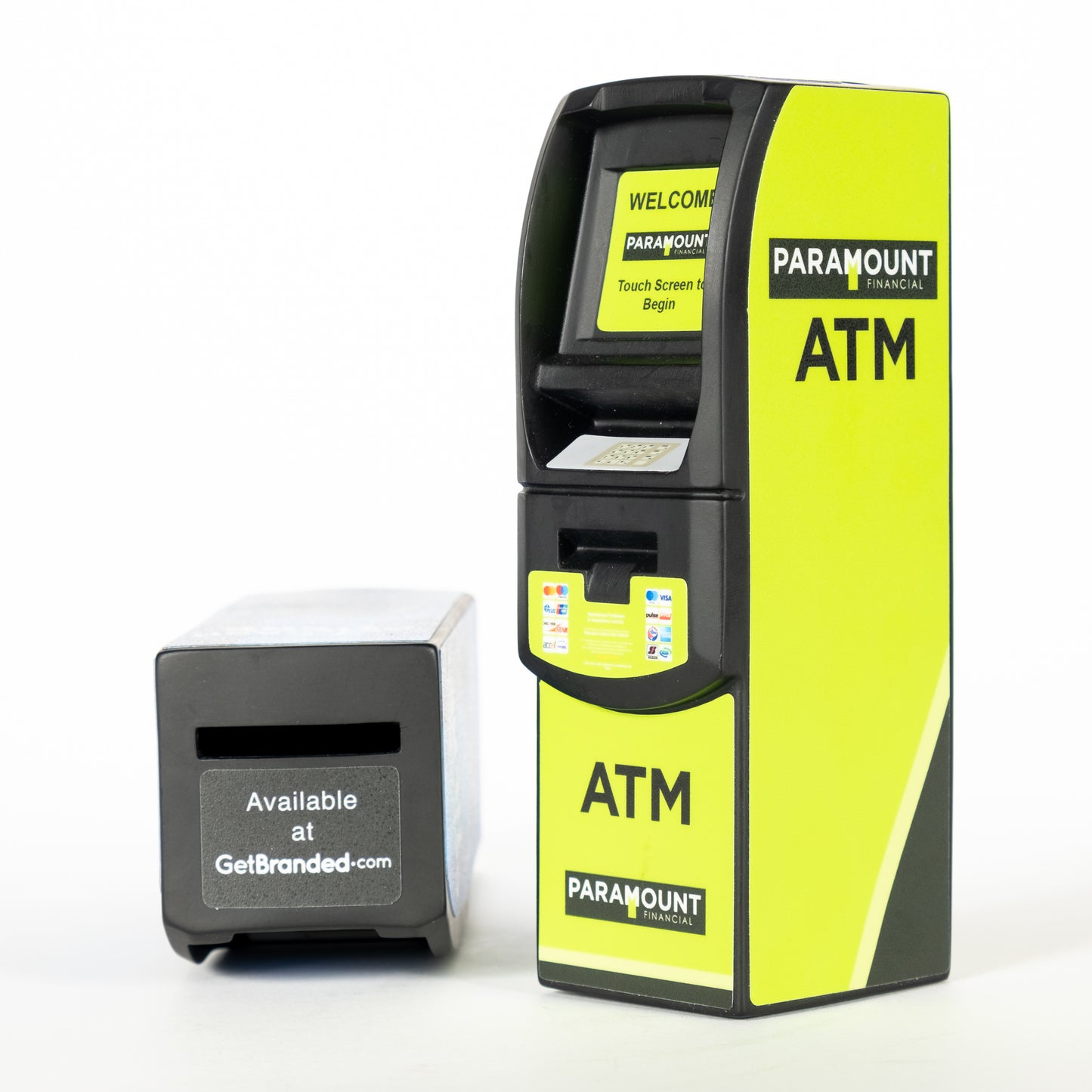 Isometric view of Genmega 6000 ATM Scale Model Coin Bank with custom Paramount ATM Company wrap, showcasing the top slot for easy deposit.