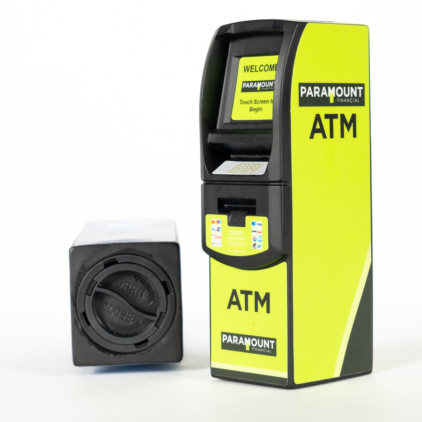 Isometric view of Genmega 6000 ATM Scale Model Coin Bank with custom Paramount ATM Company wrap, featuring the bottom opening for easy withdrawal.