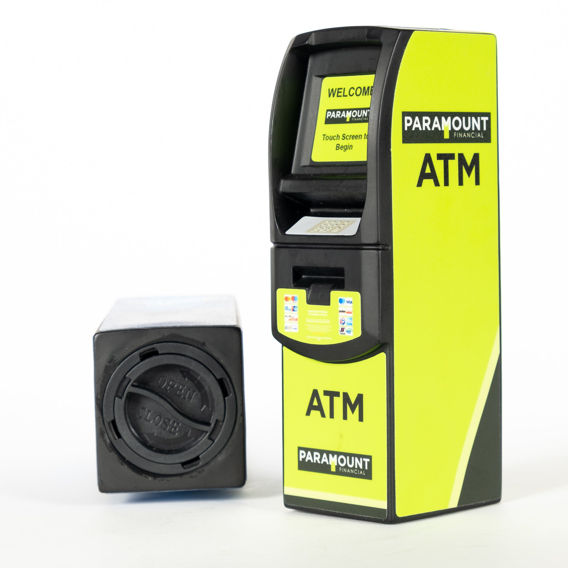 Isometric view of Genmega 6000 ATM Scale Model Coin Bank with custom Paramount ATM Company wrap, featuring the bottom opening for easy withdrawal.