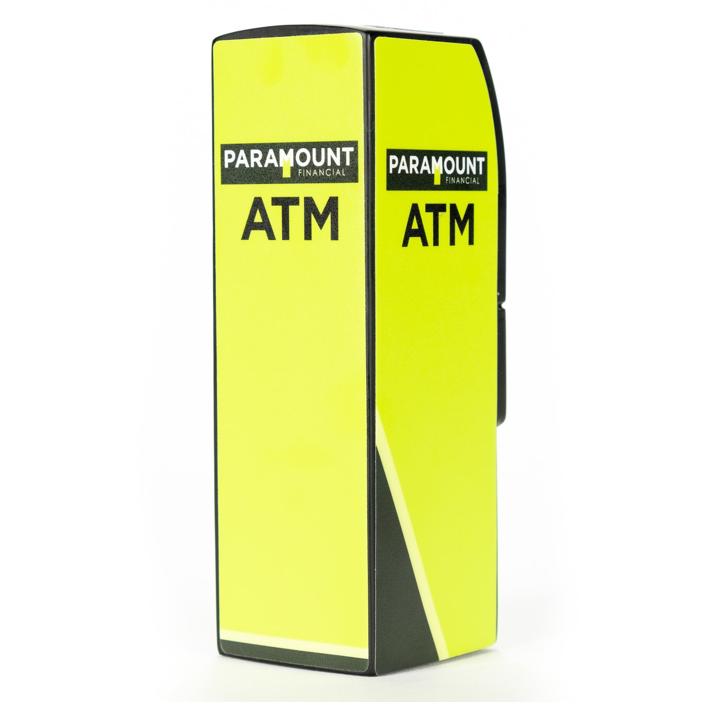 Isometric back view of Genmega 6000 ATM Scale Model Coin Bank with custom Paramount ATM Company wrap.