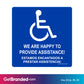 ADA Happy to Provide Assistance Decal size guide.