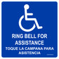 ADA Ring Bell For Assistance Decal in English and Spanish. 4 inches by 3 inches in size.