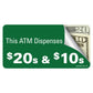 Pro ATM Dispense $20's & $10's Decal. 4 inches by 2 inches in size. 