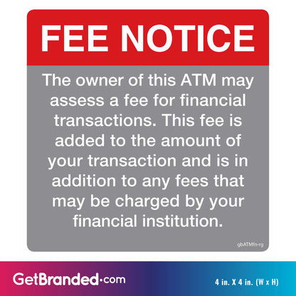 Fee Notice Decal, Red and Gray size guide.