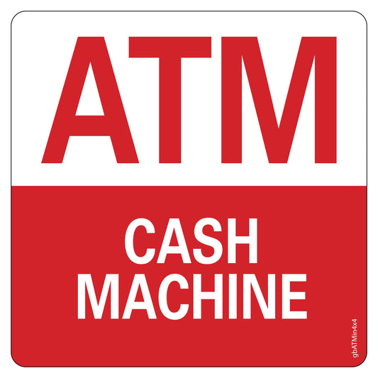 ATM Cash Machine Decal, Red and White. 4 inches by 4 inches in size.