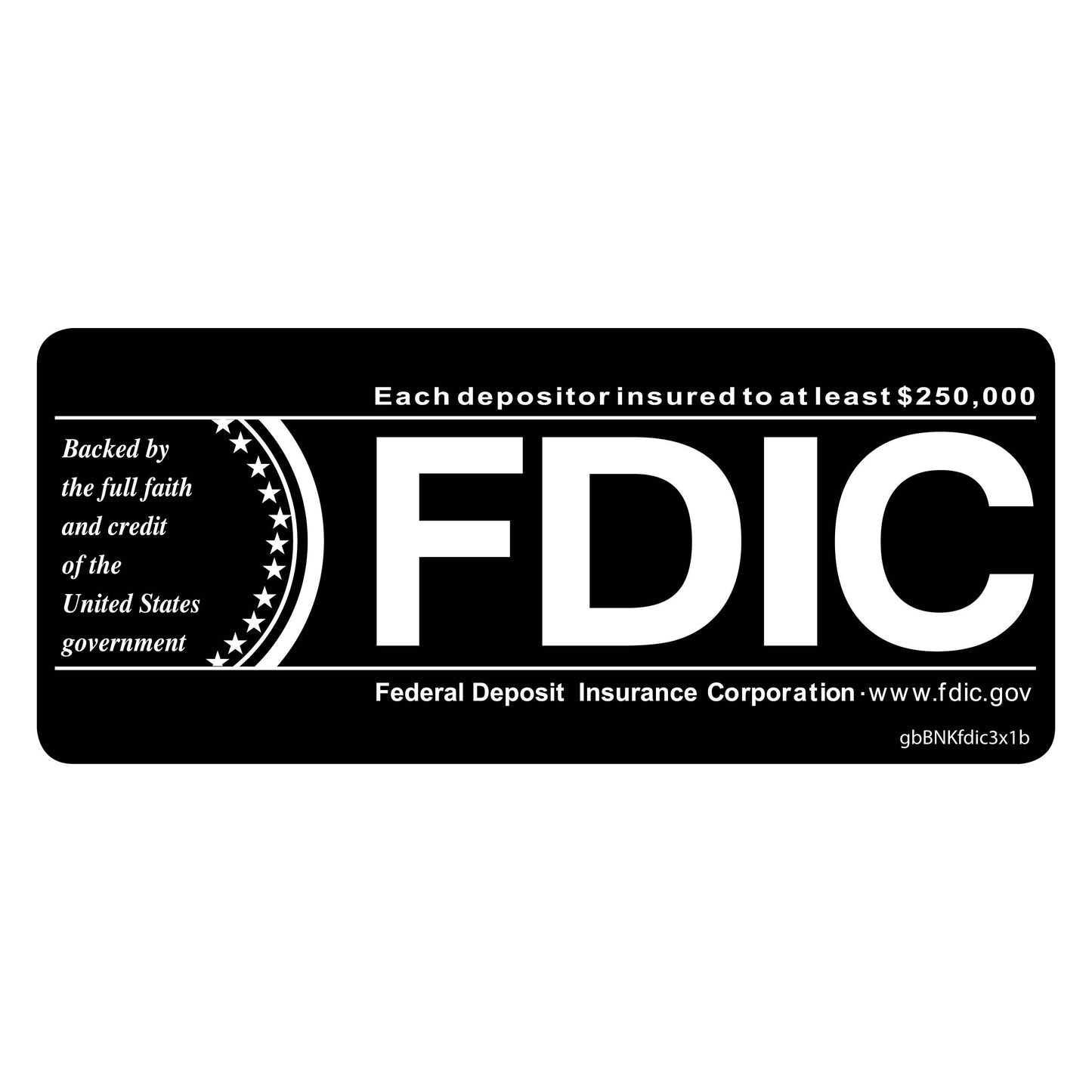 FDIC Black Background with White Lettering Decal. 3 inches by 1 inch in size.