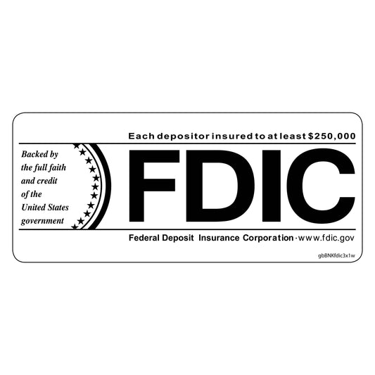 FDIC White Background with Black Lettering Decal. 3 inches by 1 inch in size. 