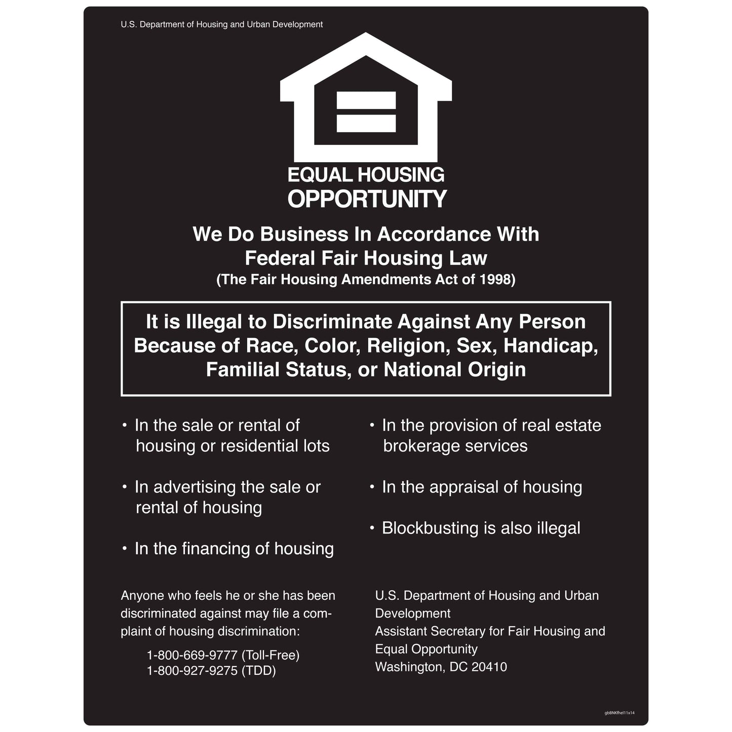 Fair Housing / Equal Housing Lender Decal. 11 inches by 14 inches in size.