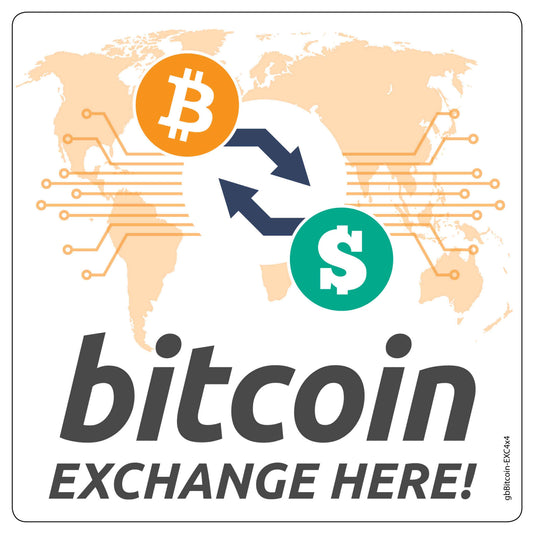 Bitcoin Exchange Here Decal. 4 inches by 4 inches in size. 