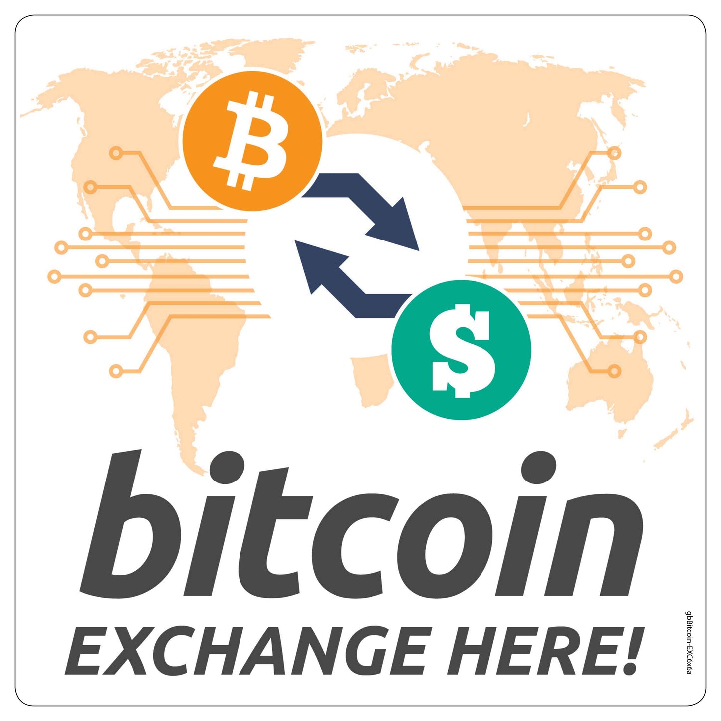 Bitcoin Exchange Here Decal. 6 inches by 6 inches in size.  