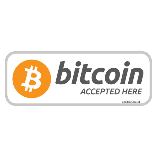Bitcoin Accepted Here Decal. 4 inches by 1.5 inches in size. 