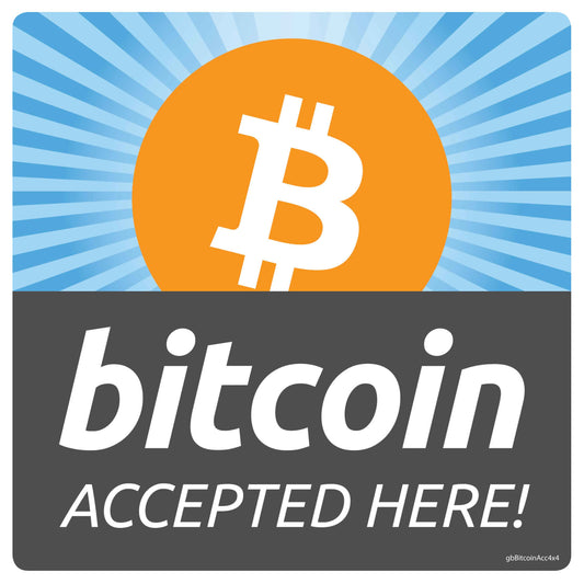 Bitcoin Accepted Here Decal. 4 inches by 4 inches in size. 