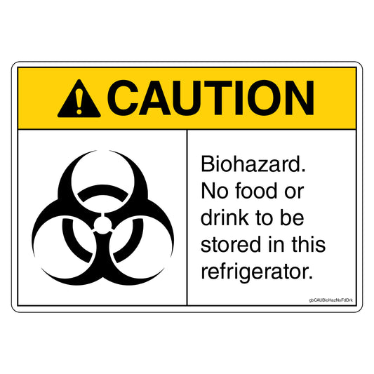 Caution Biohazard No Food or Dink to be Stored in this Refrigerator Decal. 4 inches by 3 inches in size.