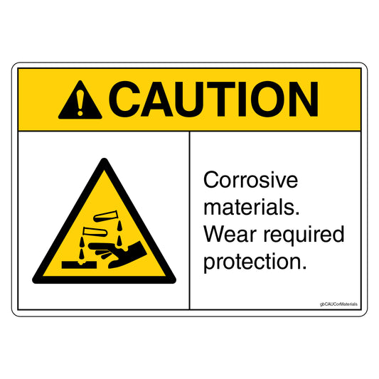 Caution Corrosive Materials Wear Required Protection Decal. 