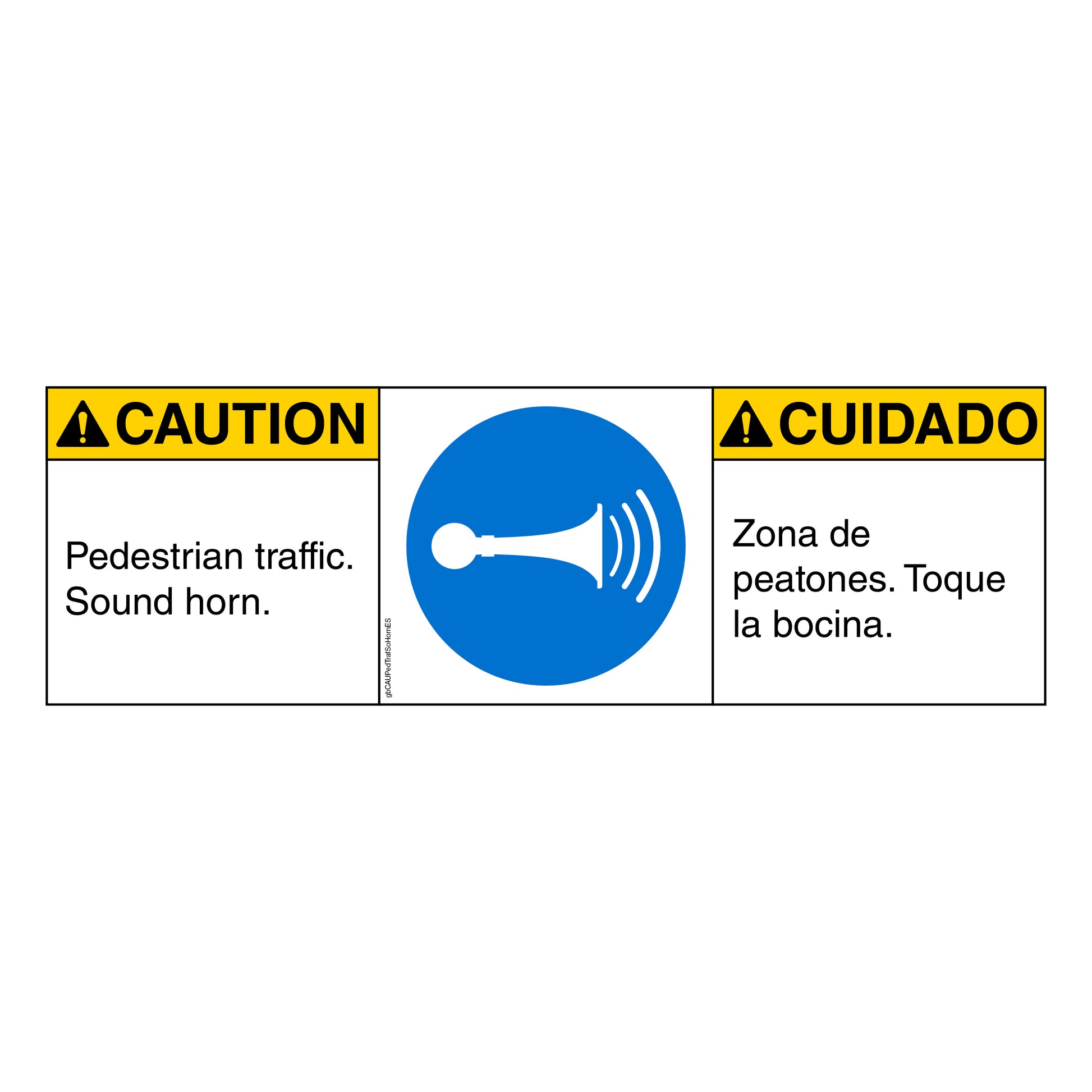 Caution Pedestrian Traffic Sound Horn Decal in English and Spanish. 