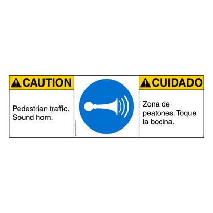 Caution Pedestrian Traffic Sound Horn Decal in English and Spanish. 