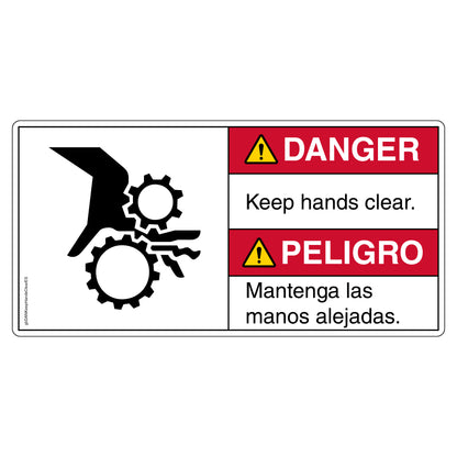 Danger Keep Hands Clear Decal in English and Spanish. 