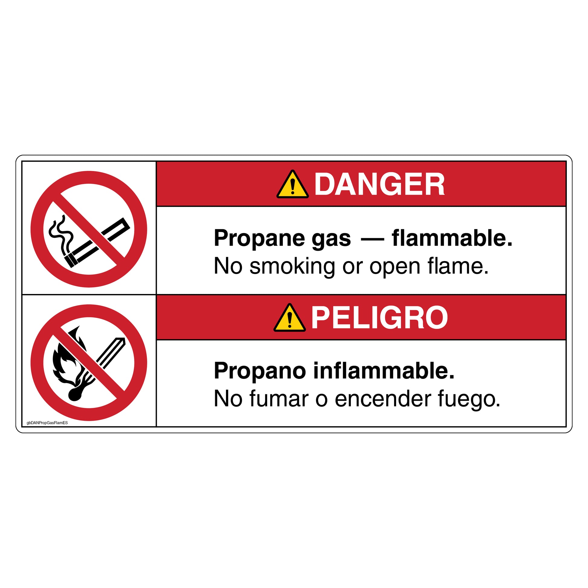 Danger Propane Gas Flammable No Smoking or Open Flame Decal in English and Spanish.