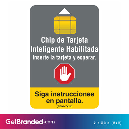 Chip Enabled Smart Card Decal in Spanish size guide. 2 inches by 3 inches in size.