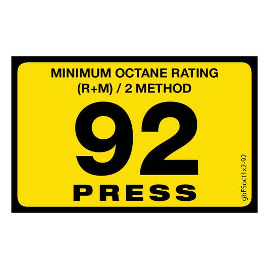 92 Press Octane Rating Decal. 1 inch by 2 inches in size. 