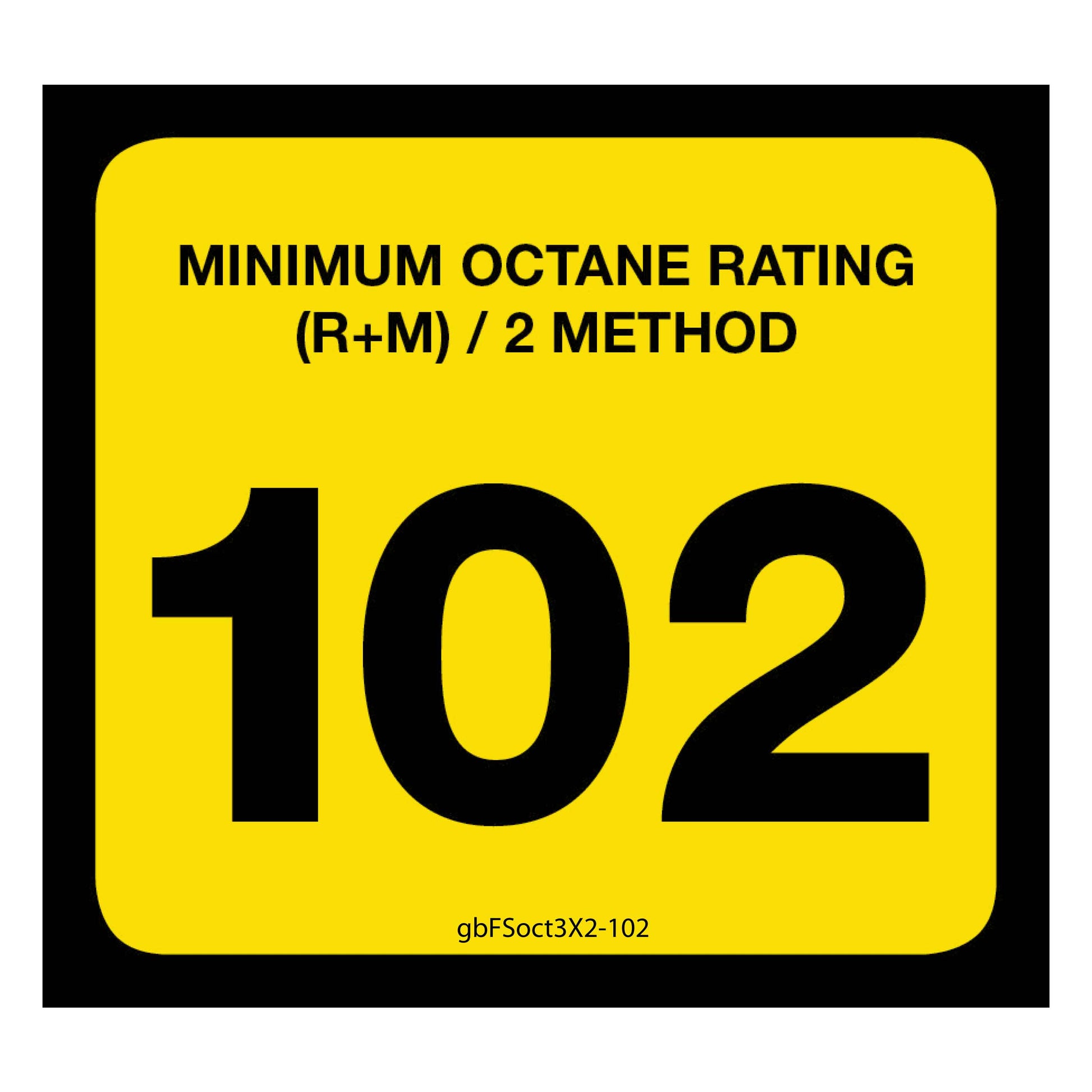 102 Octane Rating Decal. 3 inches by 2 inches in size.