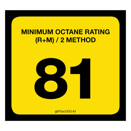 81 Octane Rating Decal. 3 inches by 2 inches in size. 