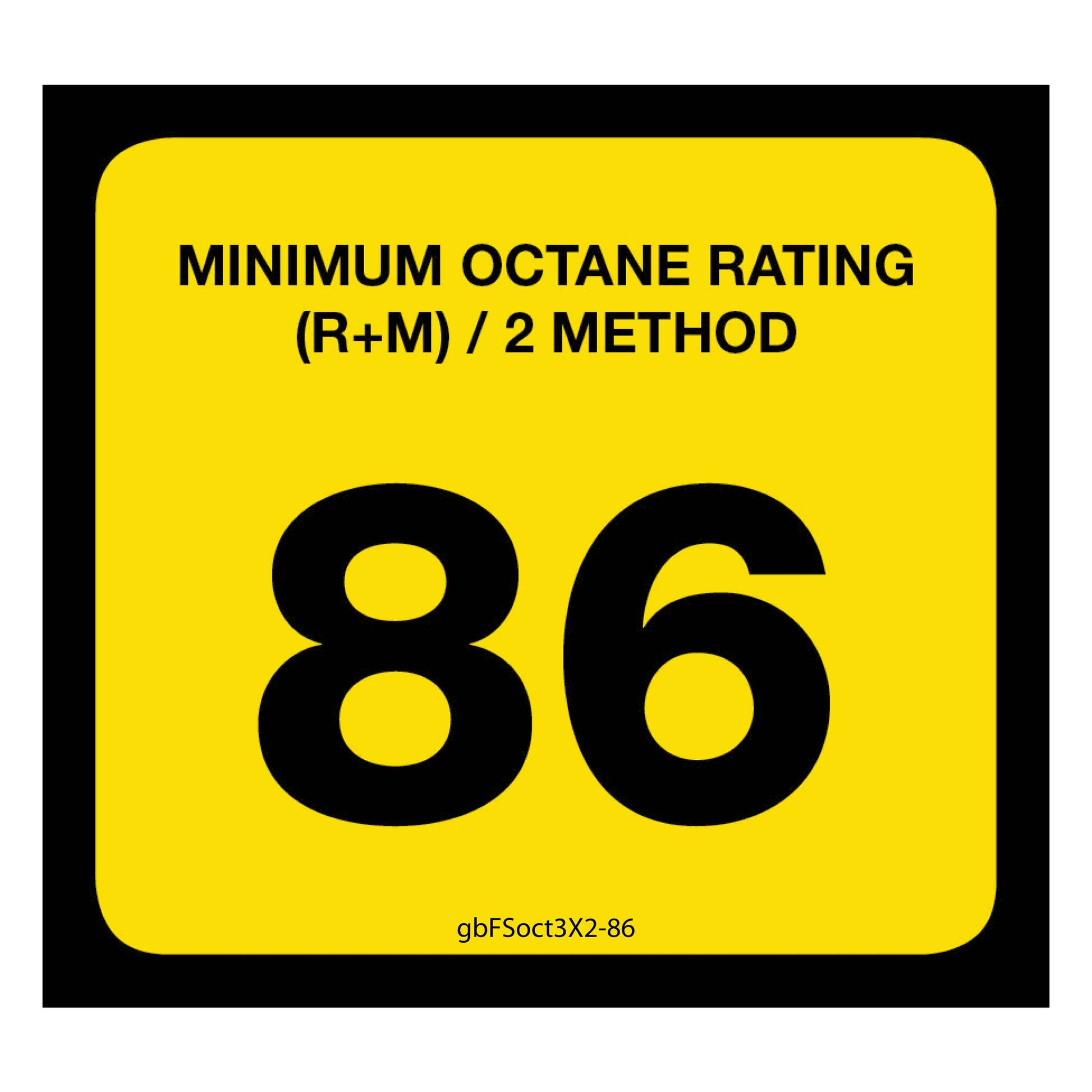 86 Octane Rating Decal. 3 inches by 2 inches in size. 