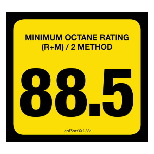88.5 Octane Rating Decal. 3 inches by 2 inches in size. 