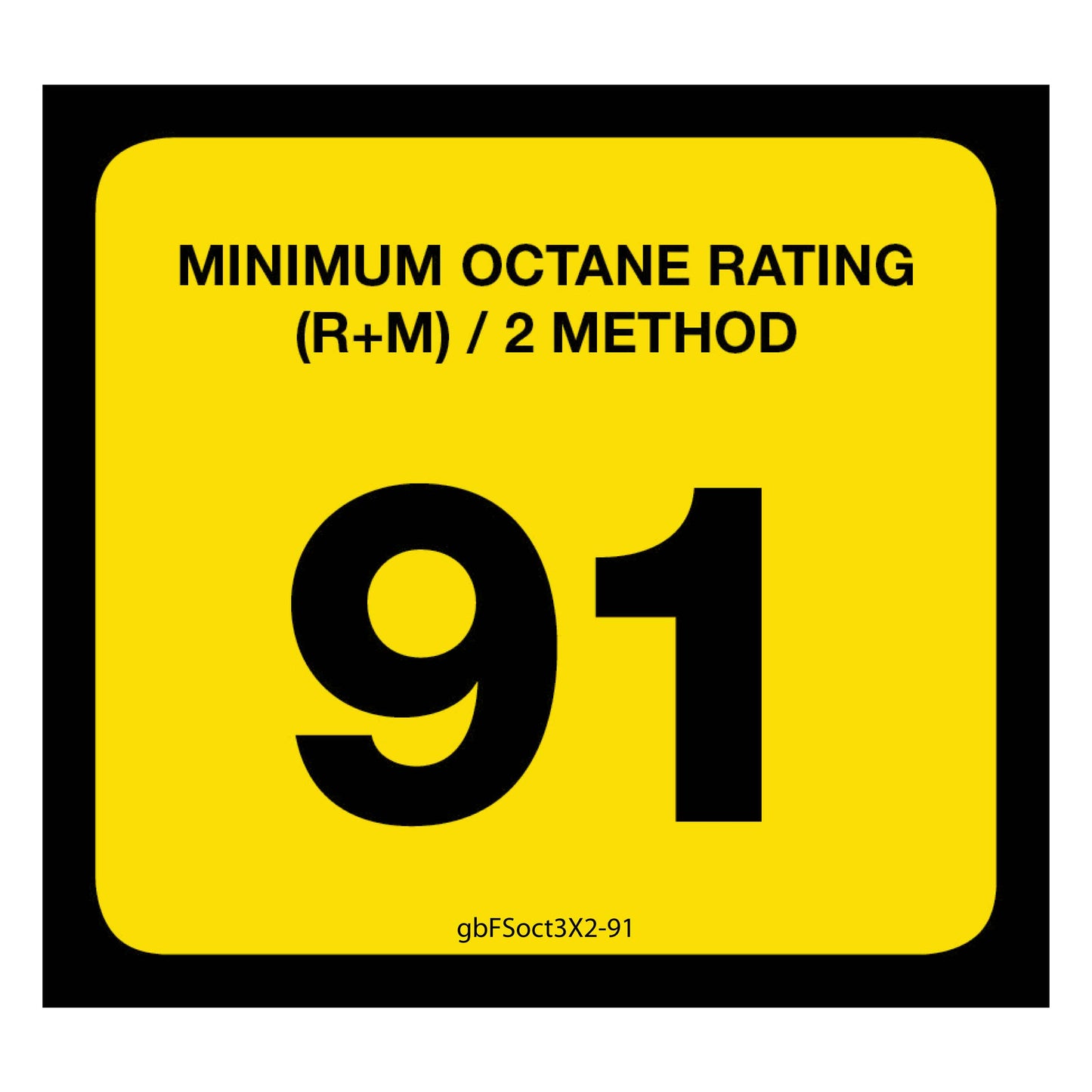 91 Octane Rating Decal. 3 inches by 2 inches in size. 