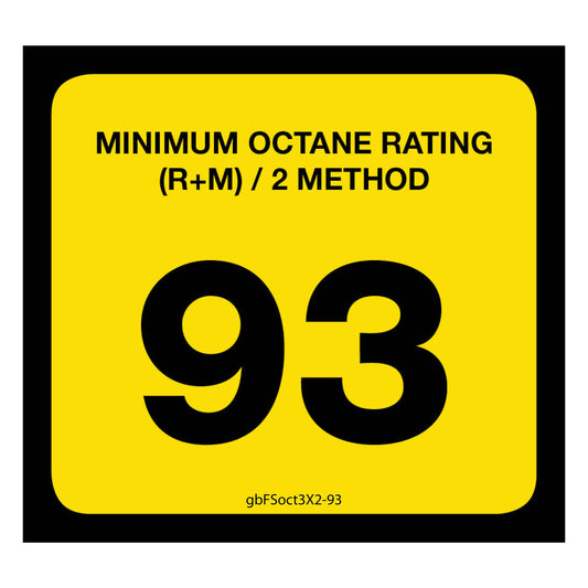 93 Octane Rating Decal. 3 inches by 2 inches in size. 