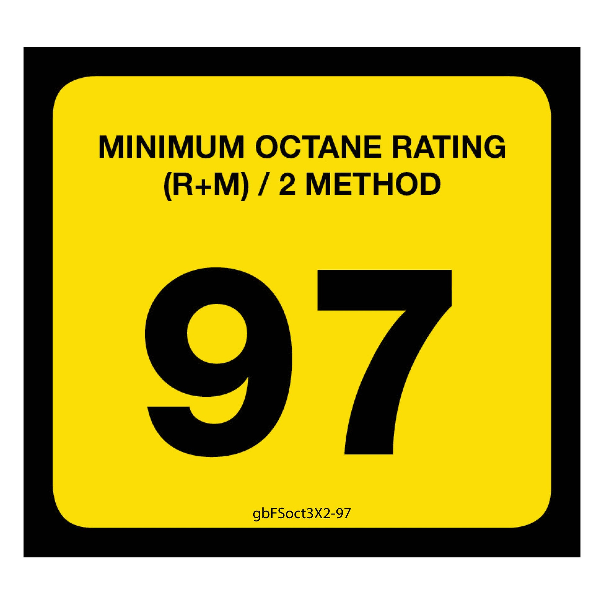 97 Octane Rating Decal. 3 inches by 2 inches in size. 