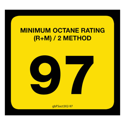 97 Octane Rating Decal. 3 inches by 2 inches in size. 