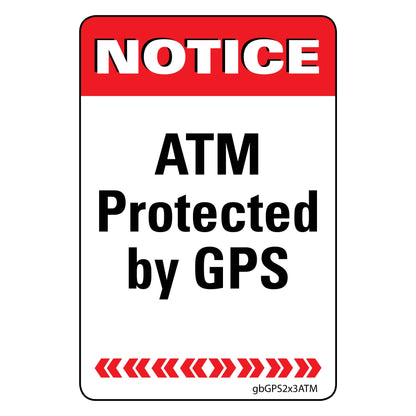 ATM Protected by GPS Decal, Red. 2 inches by 3 inches in size. 