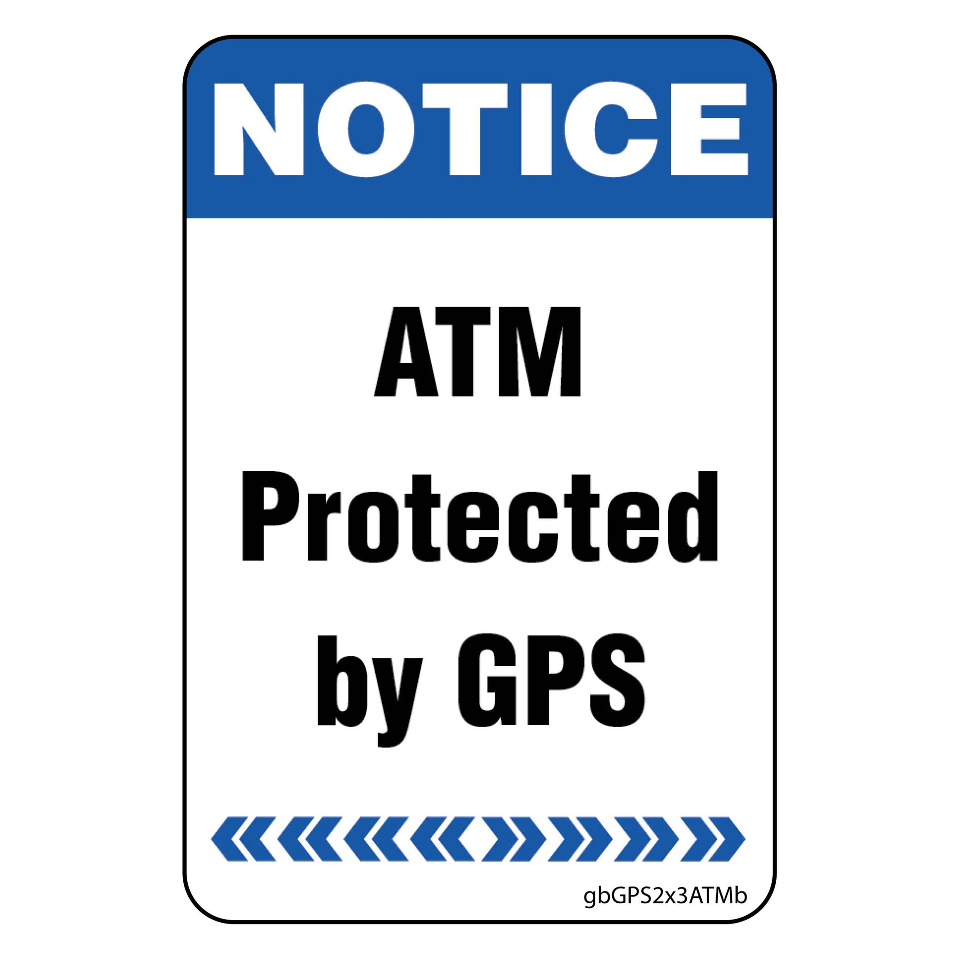 ATM Protected by GPS Decal, Blue. 2 inches by 3 inches in size.