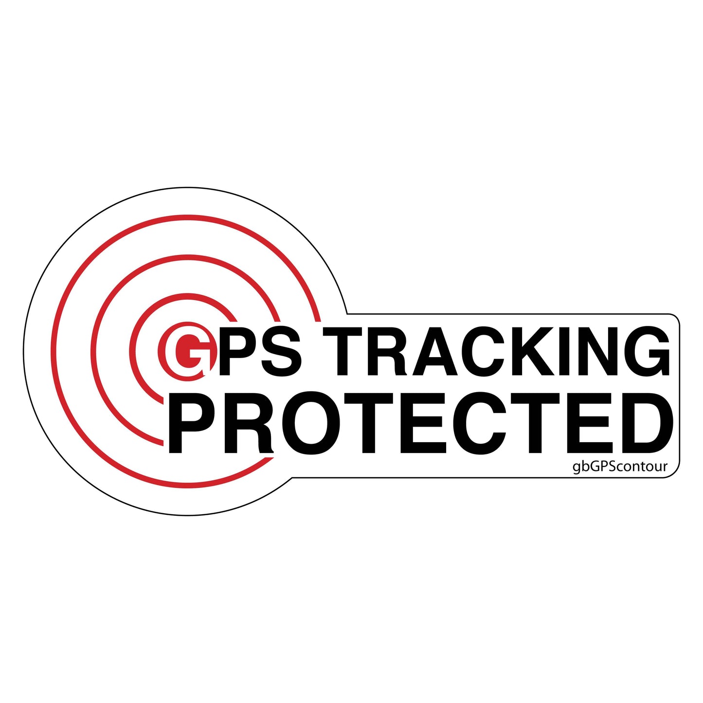 GPS Tracking Protected, Contour Cut Decal. 3.5 inches by 1.75 inches in size. 