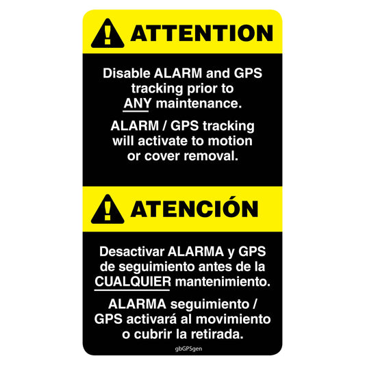 Attention, Disable Alarm and GPS Tracking Decal in English/Spanish