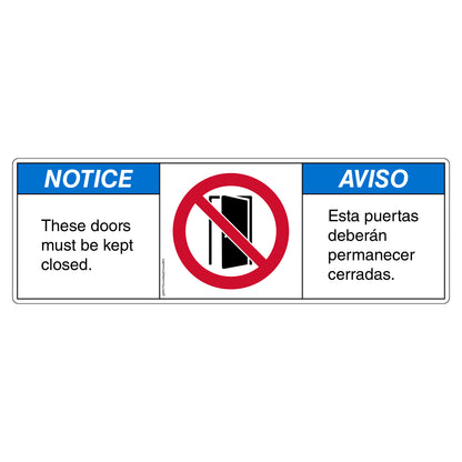 Notice These Doors Must Be Kept Closed Decal in English and Spanish. 