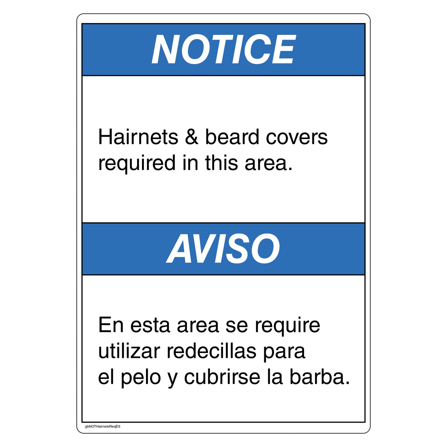 Notice Hairnets & Bead Covers Required in this Area Decal in English and Spanish.