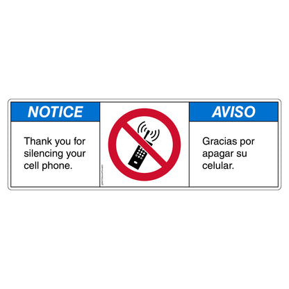 Notice Thank You For SIlencing Your Cell Phone Decal in English and Spanish. 